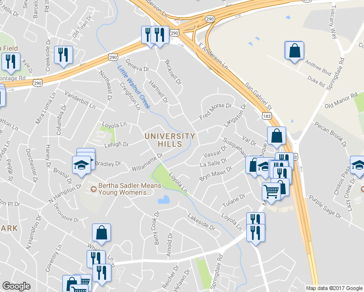 map of restaurants, bars, coffee shops, grocery stores, and more near 6825 Willamette Drive in Austin