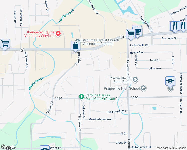 map of restaurants, bars, coffee shops, grocery stores, and more near 39348 Hunters Trace East in Prairieville