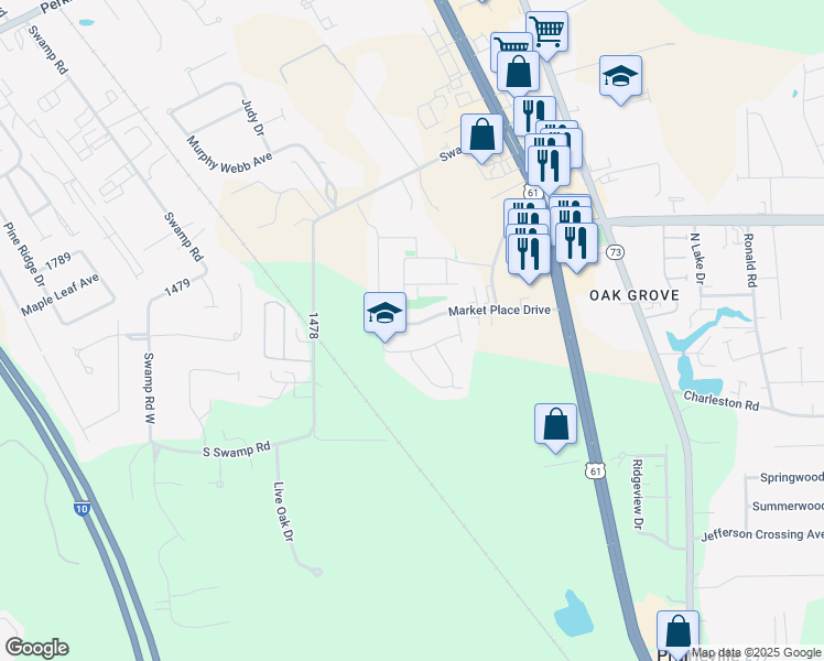 map of restaurants, bars, coffee shops, grocery stores, and more near 37201 Market Place Drive in Prairieville