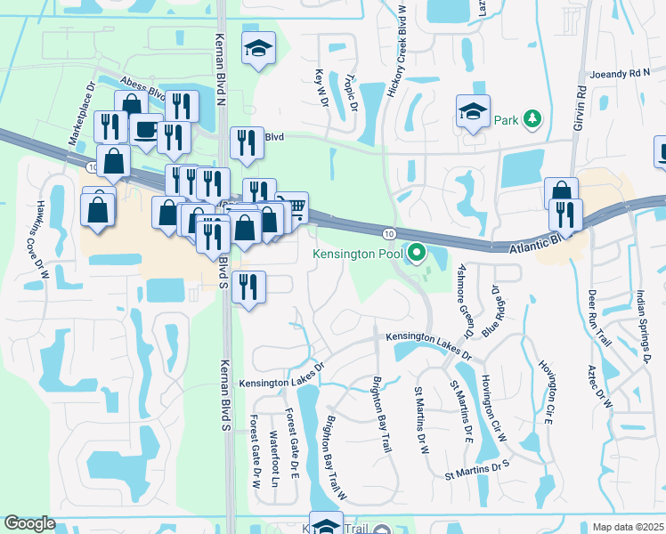 map of restaurants, bars, coffee shops, grocery stores, and more near 12250 Atlantic Boulevard in Jacksonville
