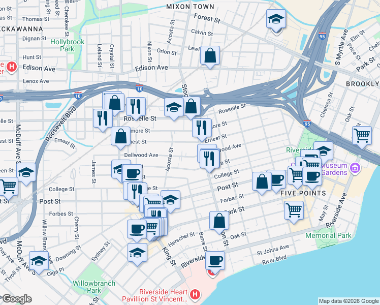 map of restaurants, bars, coffee shops, grocery stores, and more near 2550 Dellwood Avenue in Jacksonville