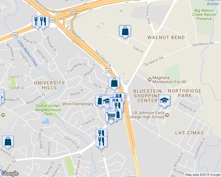 map of restaurants, bars, coffee shops, grocery stores, and more near 3407 Lynridge Drive in Austin