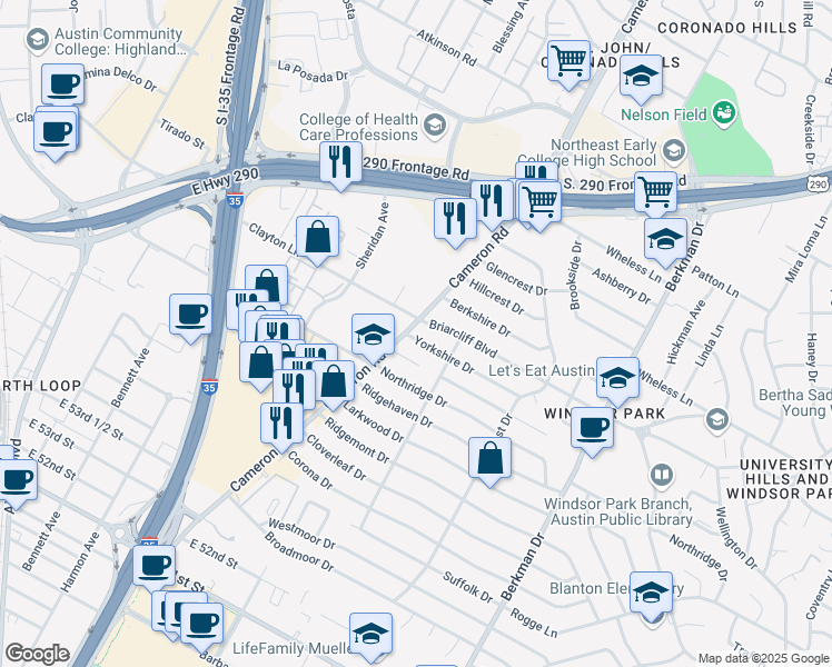 map of restaurants, bars, coffee shops, grocery stores, and more near 1307 Yorkshire Drive in Austin