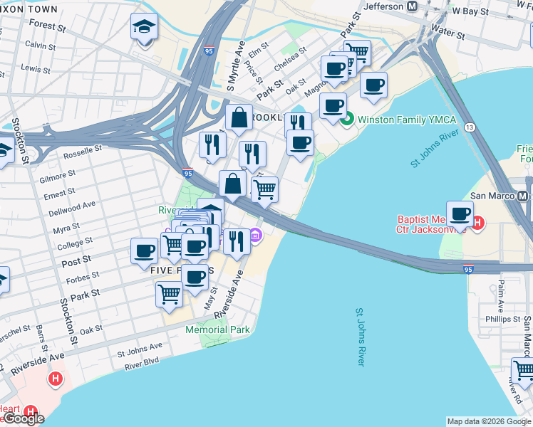 map of restaurants, bars, coffee shops, grocery stores, and more near 715 Riverside Avenue in Jacksonville