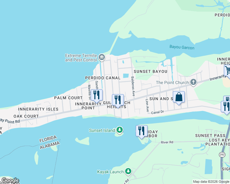 map of restaurants, bars, coffee shops, grocery stores, and more near 5656 Cruzat Way in Pensacola