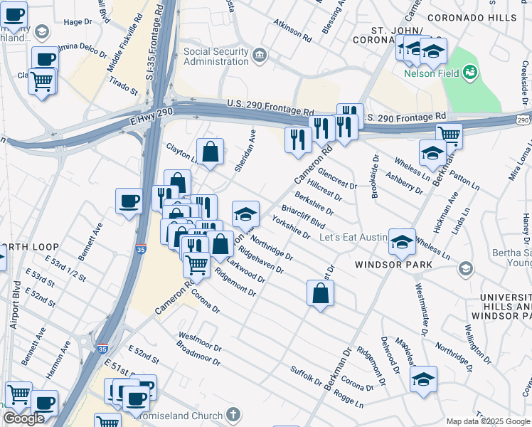 map of restaurants, bars, coffee shops, grocery stores, and more near 1307 Yorkshire Drive in Austin