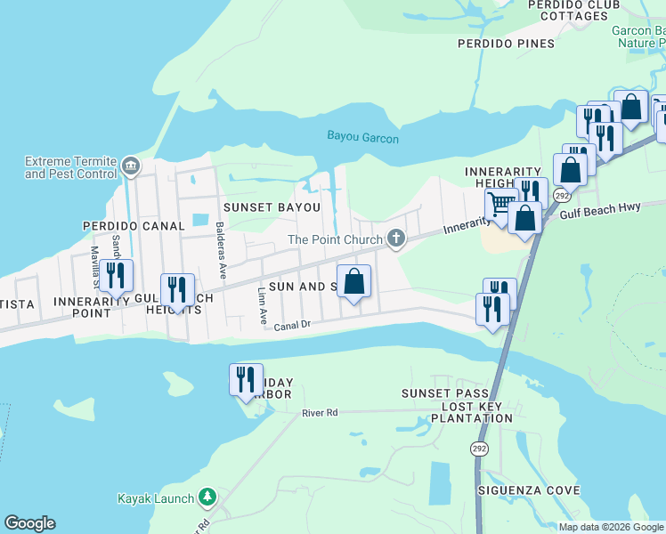 map of restaurants, bars, coffee shops, grocery stores, and more near 5730 Dune Avenue in Pensacola
