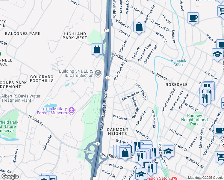 map of restaurants, bars, coffee shops, grocery stores, and more near 4220 1/2 Bull Creek Road in Austin