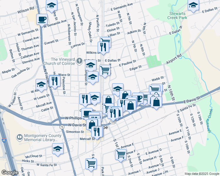 map of restaurants, bars, coffee shops, grocery stores, and more near 799 North 3rd Street in Conroe