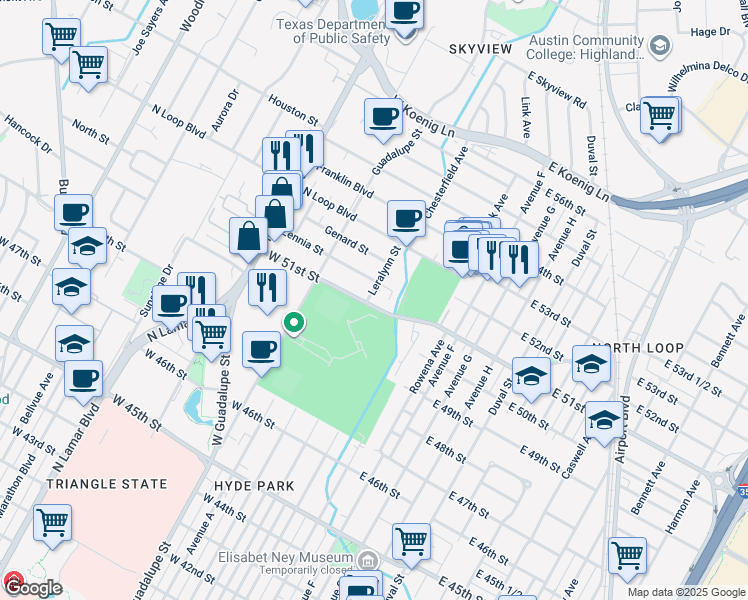 map of restaurants, bars, coffee shops, grocery stores, and more near 287 West 51st Street in Austin