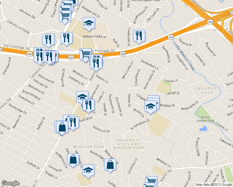 map of restaurants, bars, coffee shops, grocery stores, and more near Dorchester Drive & Chatham Place in Austin