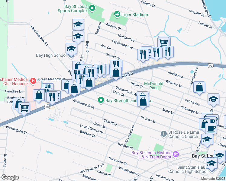 map of restaurants, bars, coffee shops, grocery stores, and more near 536-598 State St in Bay St. Louis