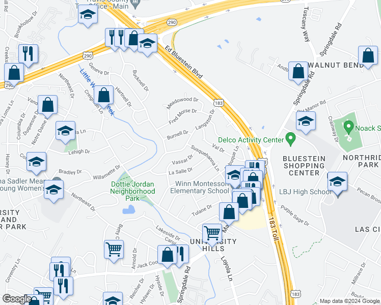 map of restaurants, bars, coffee shops, grocery stores, and more near 6916 Vassar Drive in Austin