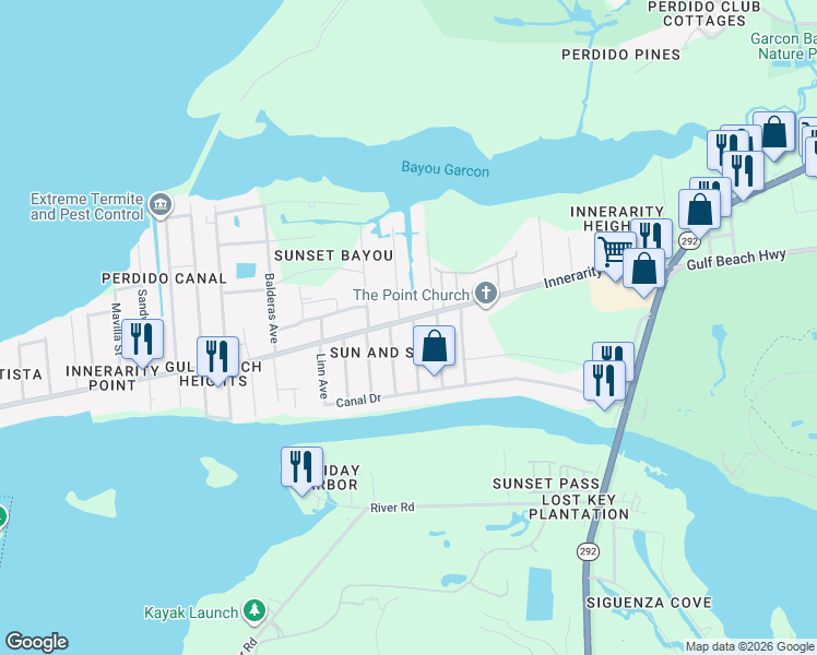 map of restaurants, bars, coffee shops, grocery stores, and more near 5730 Dune Avenue in Pensacola