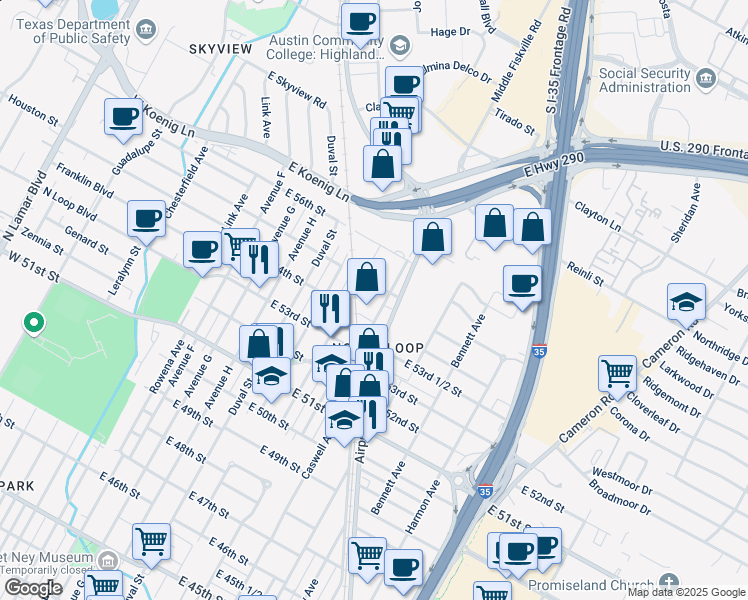 map of restaurants, bars, coffee shops, grocery stores, and more near 5410 Airport Boulevard in Austin