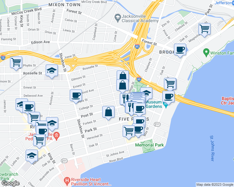 map of restaurants, bars, coffee shops, grocery stores, and more near 2050 Myra Street in Jacksonville