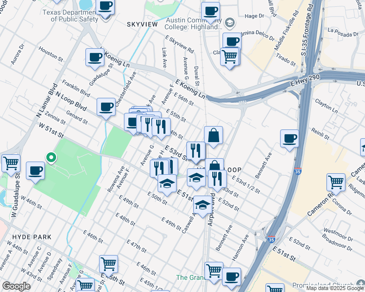 map of restaurants, bars, coffee shops, grocery stores, and more near 5309 Duval Street in Austin