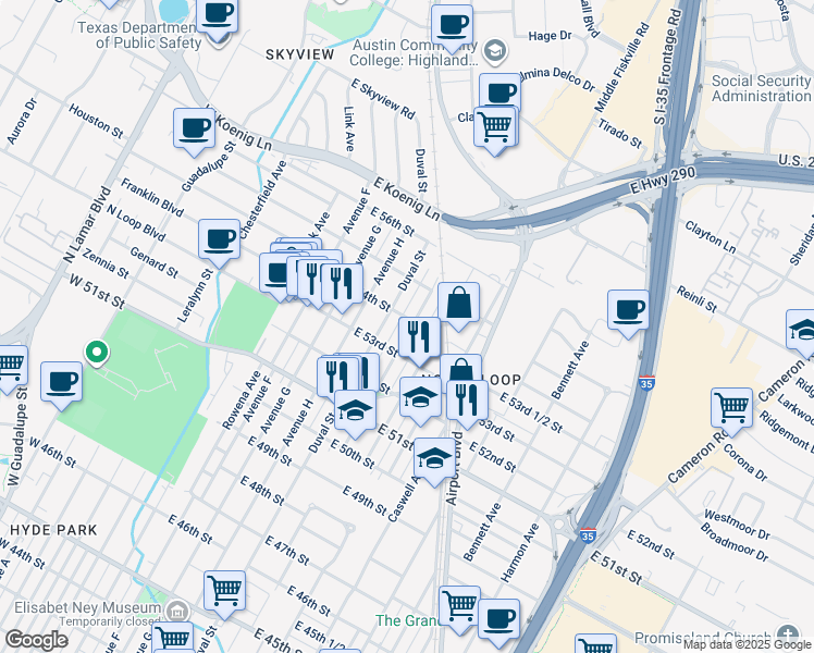 map of restaurants, bars, coffee shops, grocery stores, and more near 5312 Evans Avenue in Austin