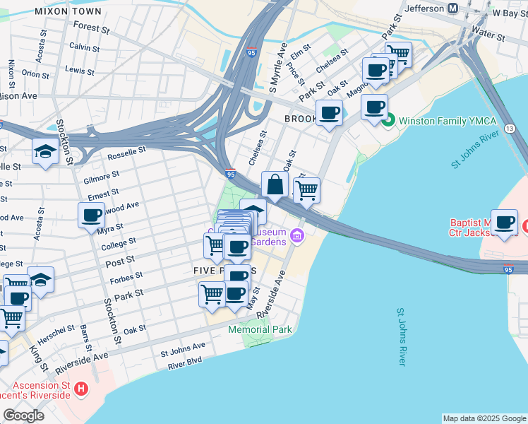 map of restaurants, bars, coffee shops, grocery stores, and more near 750 Oak Street in Jacksonville