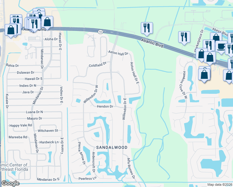 map of restaurants, bars, coffee shops, grocery stores, and more near 1890 Willesdon Drive East in Jacksonville