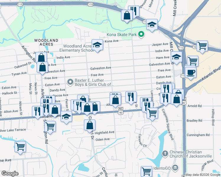 map of restaurants, bars, coffee shops, grocery stores, and more near 8307 Cocoa Avenue in Jacksonville