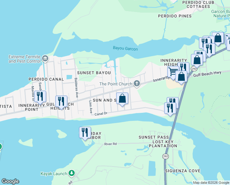 map of restaurants, bars, coffee shops, grocery stores, and more near 5730 Dune Avenue in Pensacola
