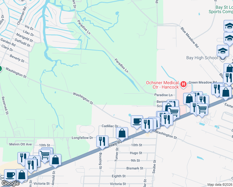 map of restaurants, bars, coffee shops, grocery stores, and more near 10053 Kingston Road in Bay Saint Louis