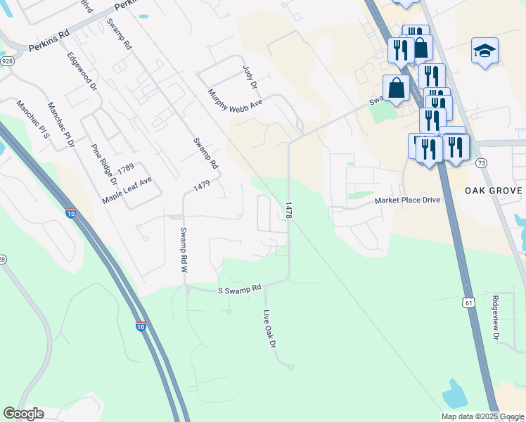 map of restaurants, bars, coffee shops, grocery stores, and more near 17091 East Swamp Road in Prairieville