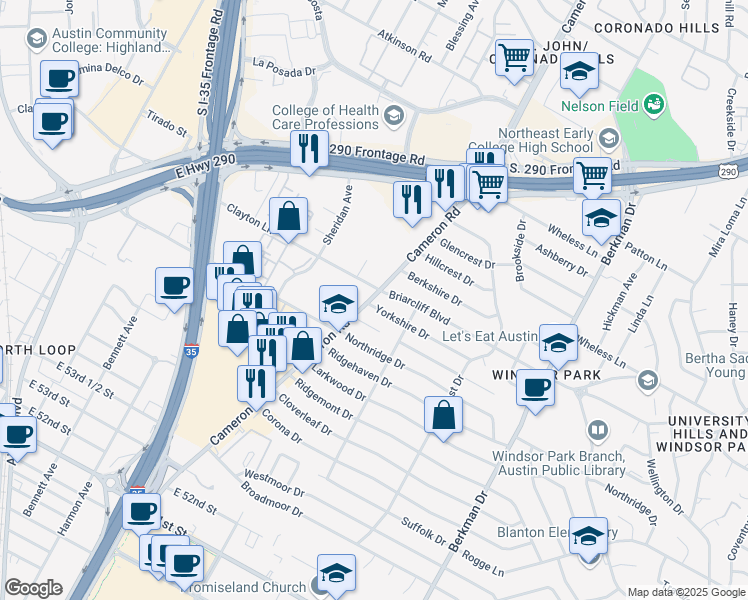 map of restaurants, bars, coffee shops, grocery stores, and more near 1307 Yorkshire Drive in Austin