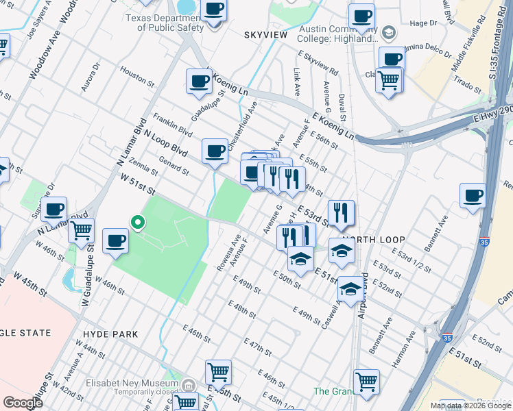 map of restaurants, bars, coffee shops, grocery stores, and more near 5114 Avenue F in Austin