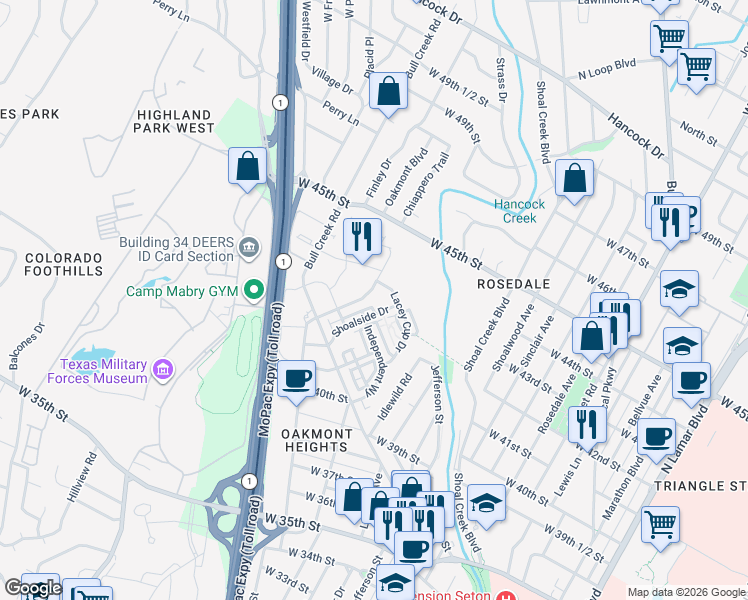 map of restaurants, bars, coffee shops, grocery stores, and more near 4301 1/2 Anthem Drive in Austin