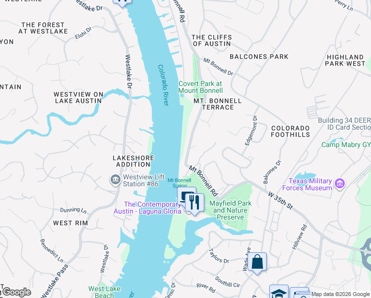 map of restaurants, bars, coffee shops, grocery stores, and more near 3408 Mount Bonnell Road in Austin