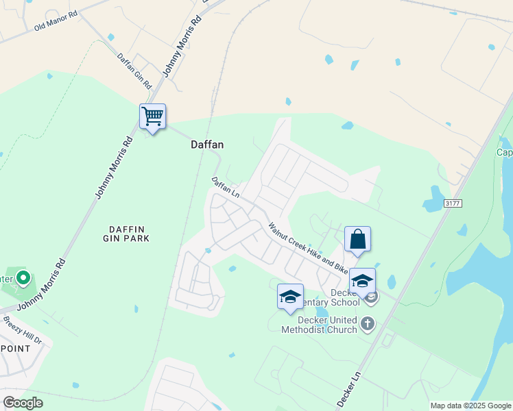 map of restaurants, bars, coffee shops, grocery stores, and more near 7600 Daffan Lane in Austin