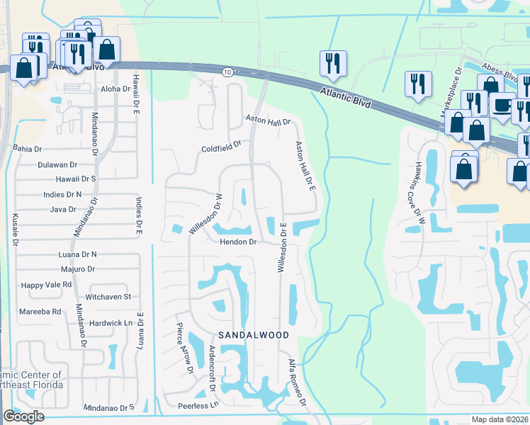 map of restaurants, bars, coffee shops, grocery stores, and more near 1890 Willesdon Drive East in Jacksonville