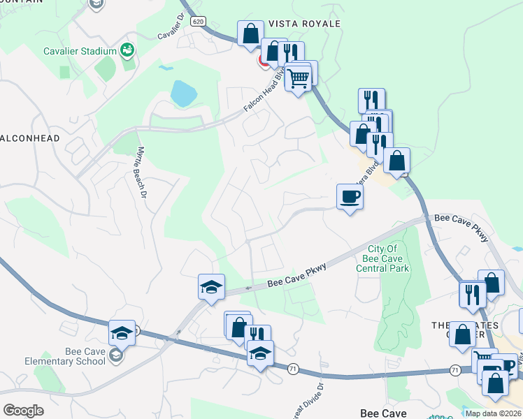 map of restaurants, bars, coffee shops, grocery stores, and more near 4105 Gandara Bend in Bee Cave