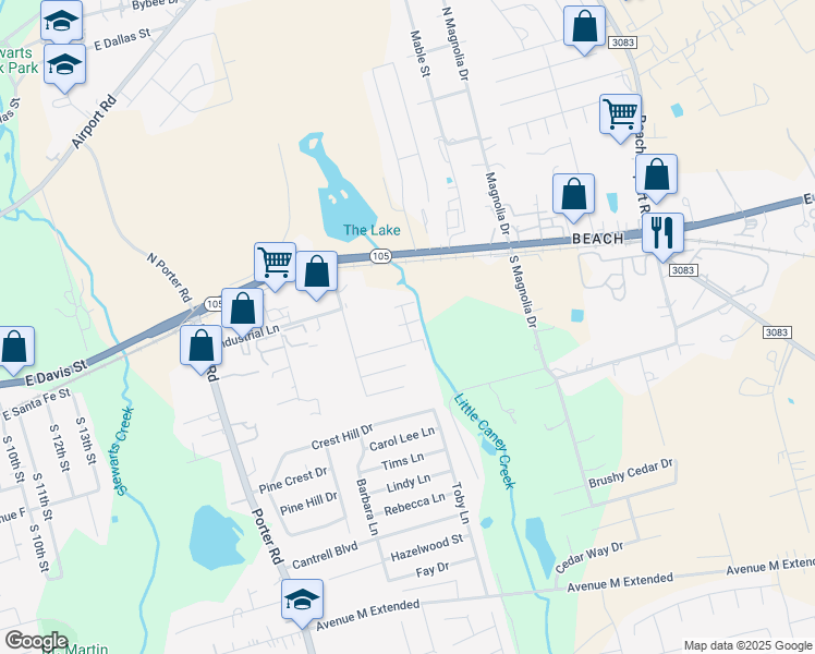 map of restaurants, bars, coffee shops, grocery stores, and more near 1800 Meridian Court in Conroe