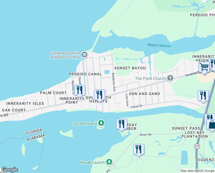 map of restaurants, bars, coffee shops, grocery stores, and more near 5656 Galvez Road in Pensacola