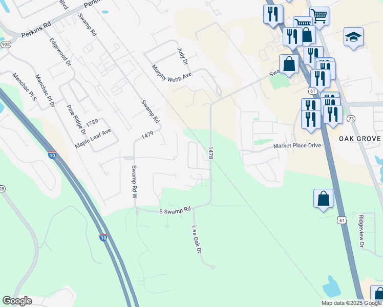 map of restaurants, bars, coffee shops, grocery stores, and more near 17091 East Swamp Road in Prairieville