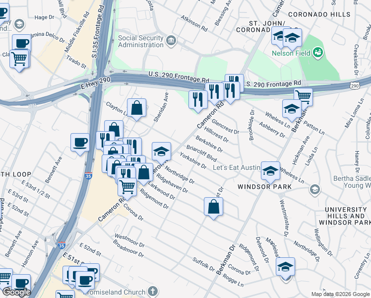map of restaurants, bars, coffee shops, grocery stores, and more near 1307 Yorkshire Drive in Austin