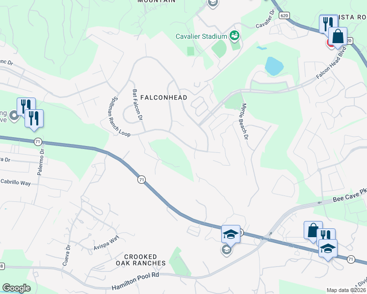 map of restaurants, bars, coffee shops, grocery stores, and more near 14813 Spillman Ranch Loop in Austin