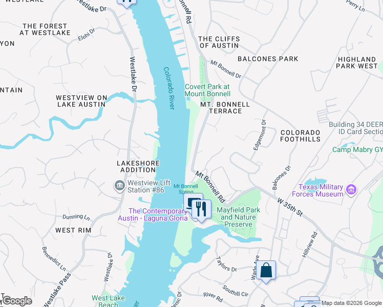 map of restaurants, bars, coffee shops, grocery stores, and more near 3408 Mount Bonnell Road in Austin