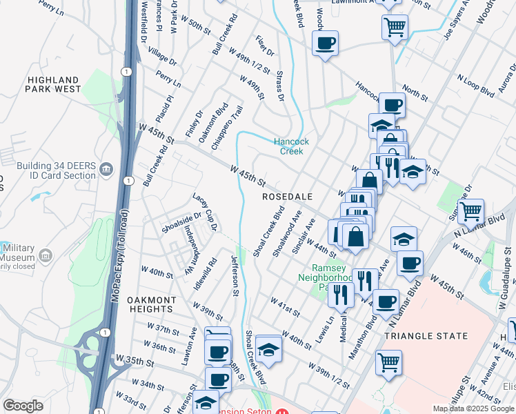 map of restaurants, bars, coffee shops, grocery stores, and more near 4400 Shoal Creek Boulevard in Austin