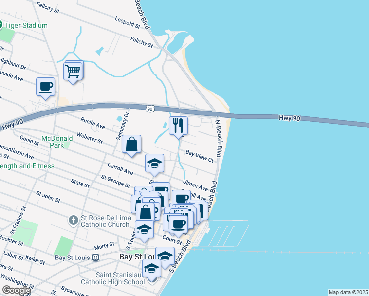 map of restaurants, bars, coffee shops, grocery stores, and more near 149 Bayview Court in Bay St. Louis