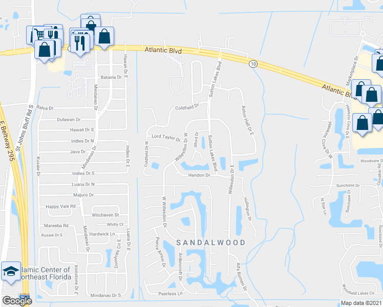 map of restaurants, bars, coffee shops, grocery stores, and more near 11213 Illford Drive in Jacksonville