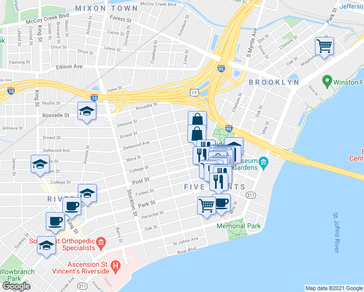 map of restaurants, bars, coffee shops, grocery stores, and more near Goodwin St & Myra St in Jacksonville