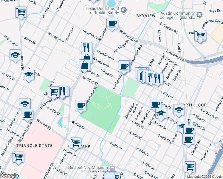 map of restaurants, bars, coffee shops, grocery stores, and more near 5100 Leralynn Street in Austin