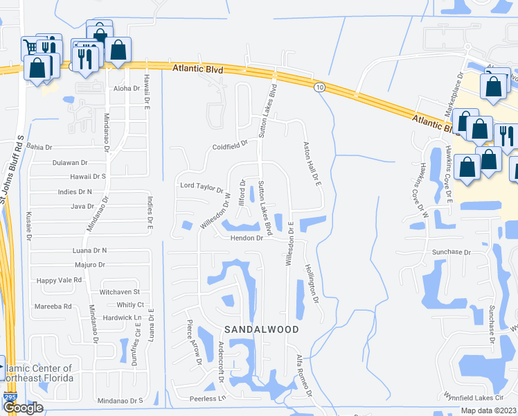 map of restaurants, bars, coffee shops, grocery stores, and more near 1874 Sutton Lakes Boulevard in Jacksonville