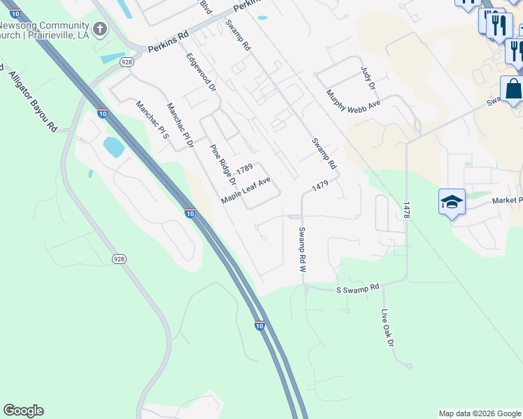 map of restaurants, bars, coffee shops, grocery stores, and more near 36368 Desoto Street in Prairieville