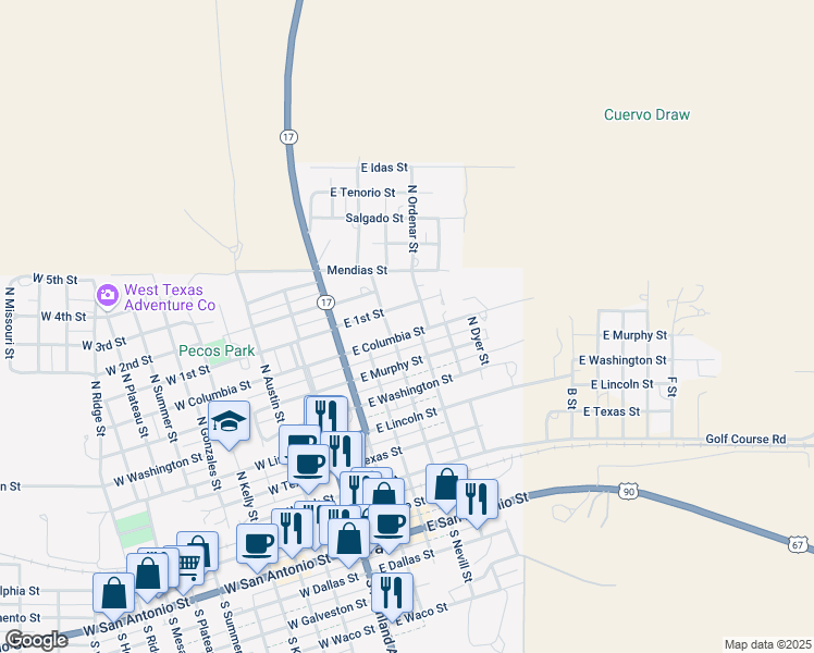 map of restaurants, bars, coffee shops, grocery stores, and more near 400-414 E Columbia St in Marfa