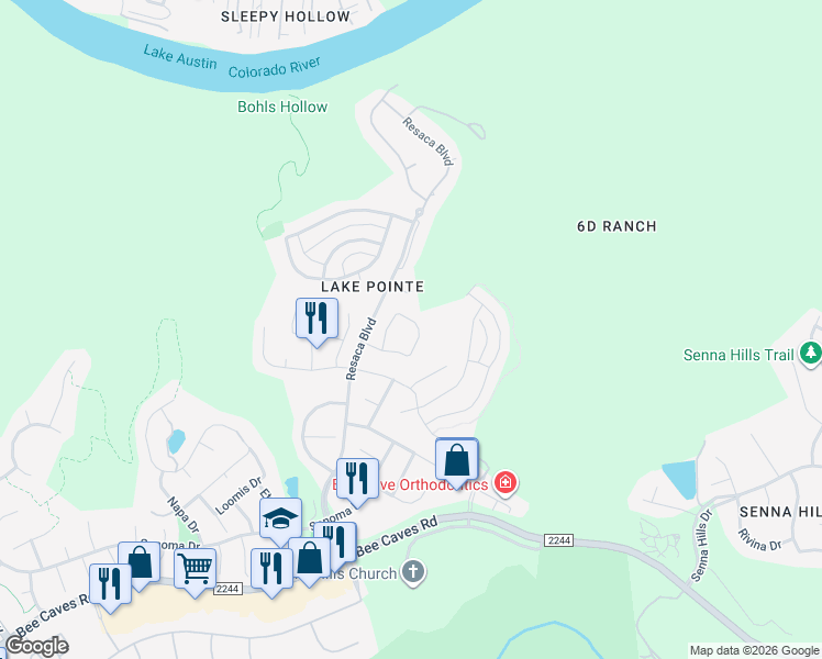 map of restaurants, bars, coffee shops, grocery stores, and more near 10700 Pointe View Drive in Austin